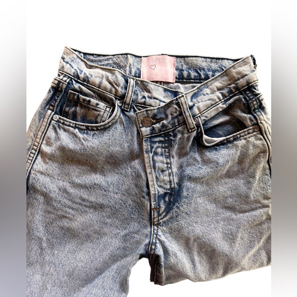 Revice size 25 crossover/asymmetrical waist denim jeans.‎ Button fly, acid wash. - Picture 8 of 14